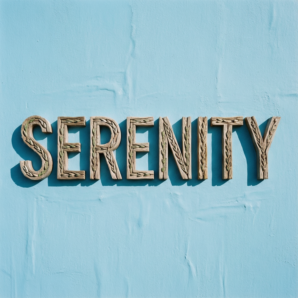 The word 'SERENITY' written large and centered on a solid li