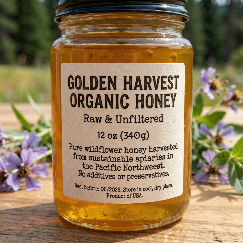 A product label for 'GOLDEN HARVEST ORGANIC HONEY' with subt