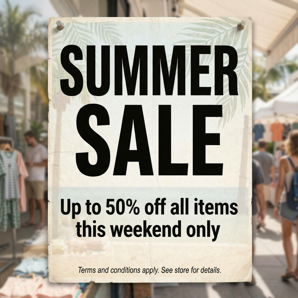 A poster with headline 'SUMMER SALE' in large bold text, bod