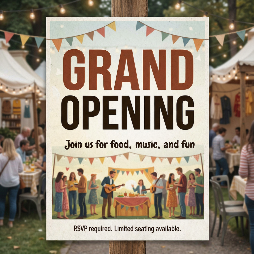 A flyer with large title 'GRAND OPENING', subtitle 'Join us 