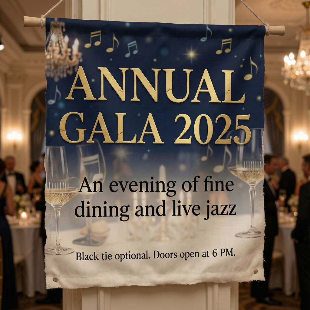 An event banner with headline 'ANNUAL GALA 2025' at the top 