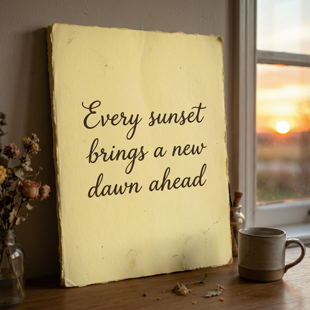 'Every sunset brings a new dawn ahead' written neatly on a p