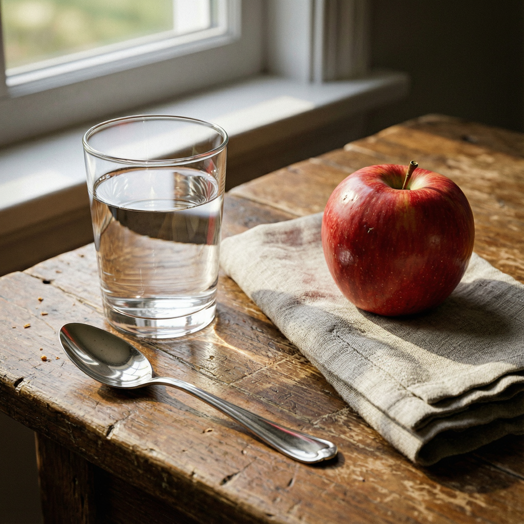 A still life on a wooden table featuring a clear glass of wa