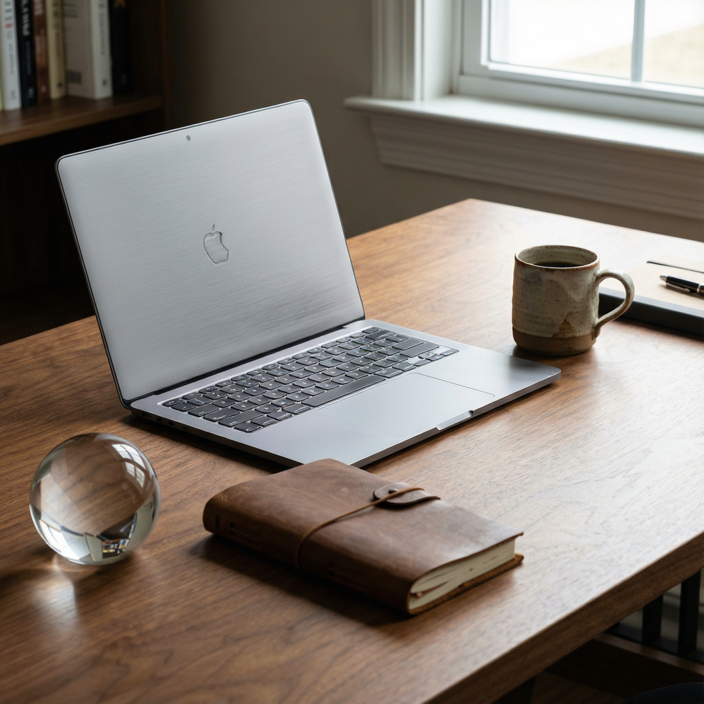 A workspace desk with a brushed aluminum laptop, a leather-b