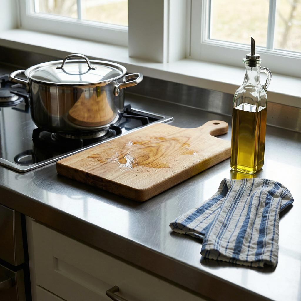 A kitchen counter with a stainless steel pot, a wooden cutti