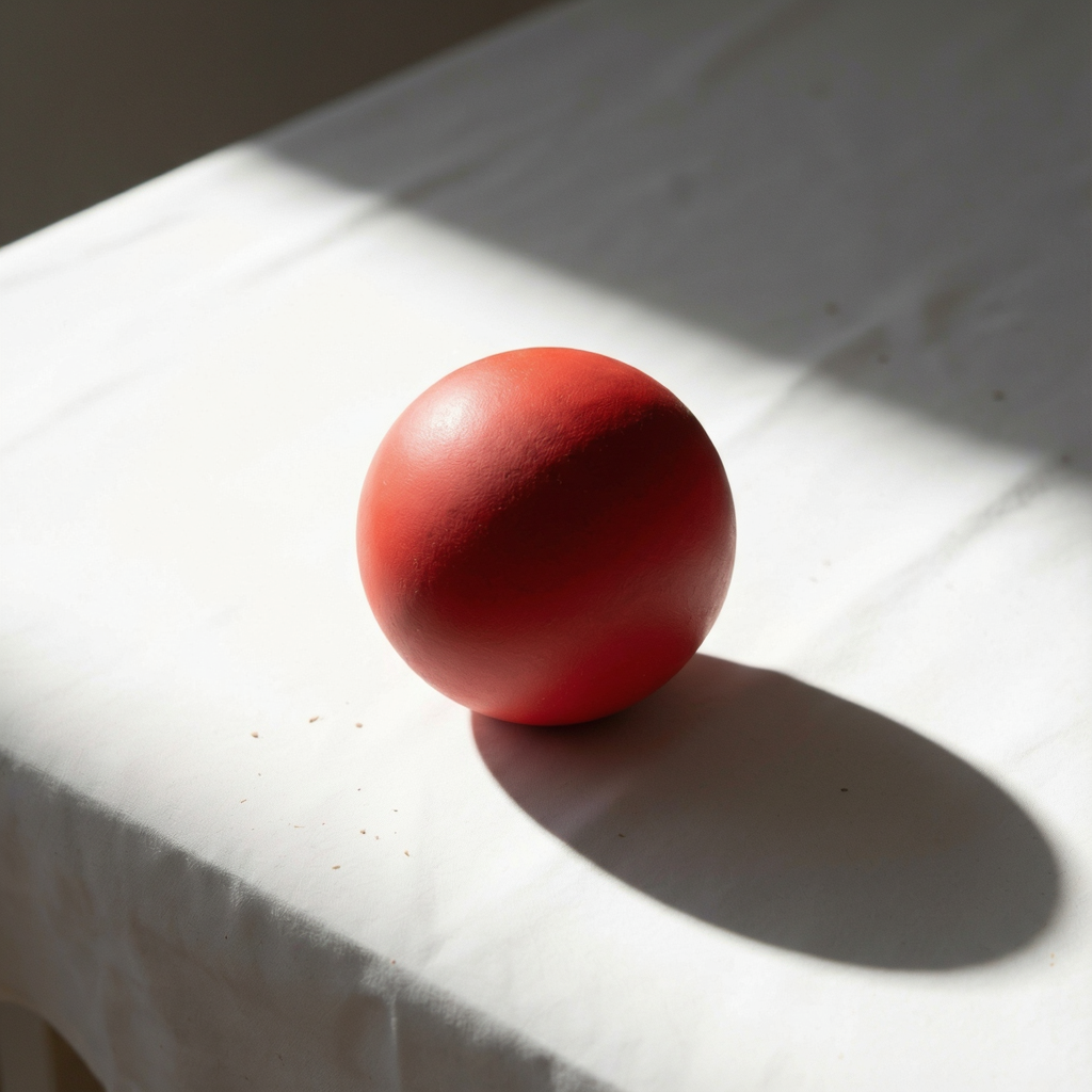 A red sphere on a white surface with a single shadow cast to