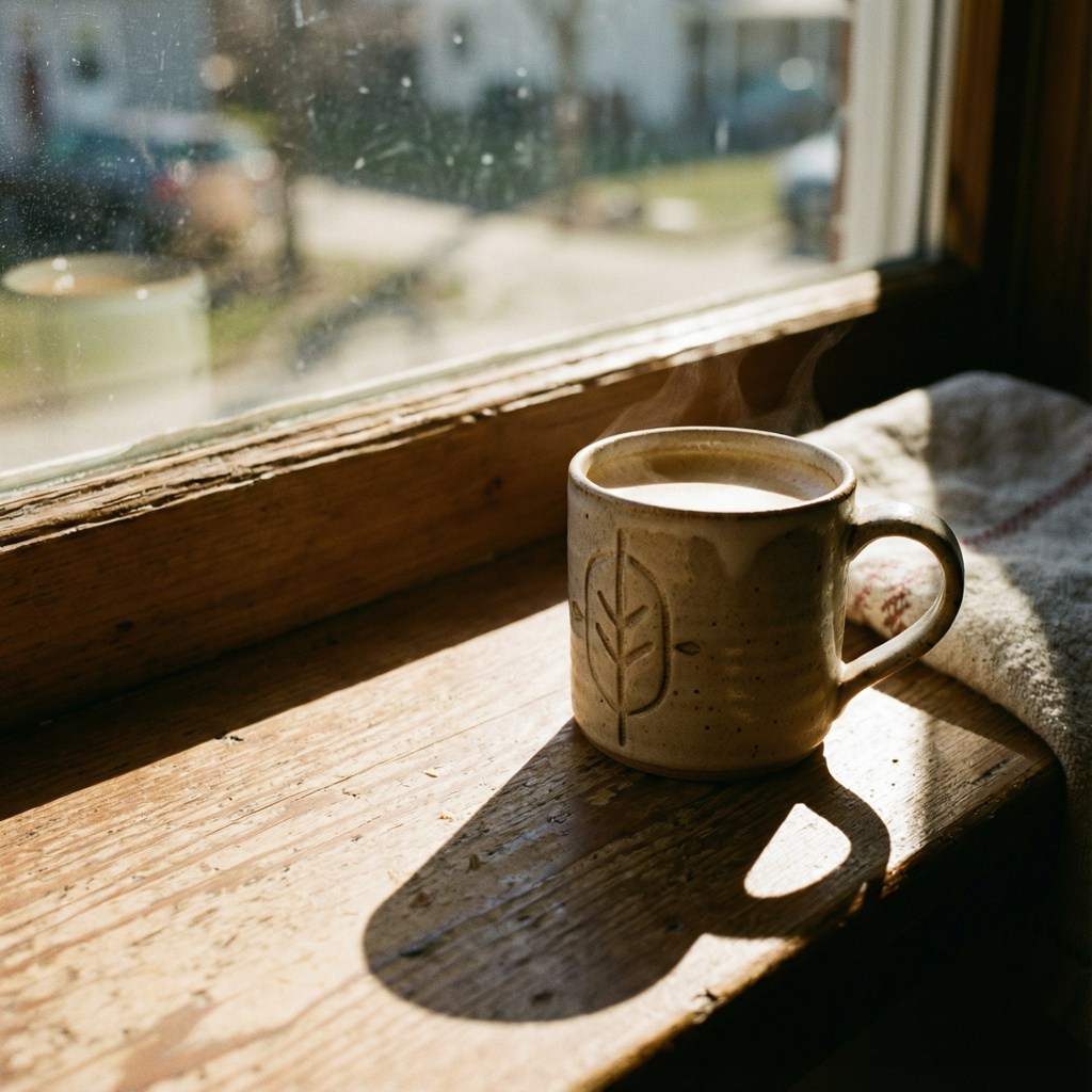 A coffee mug on a sunny windowsill casting a sharp shadow to