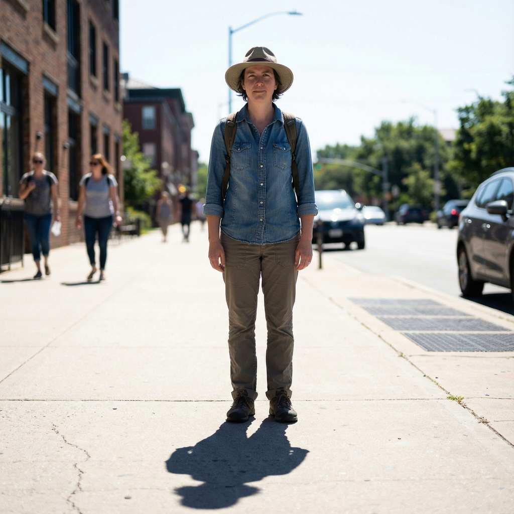 A person standing outdoors at midday with a short shadow dir