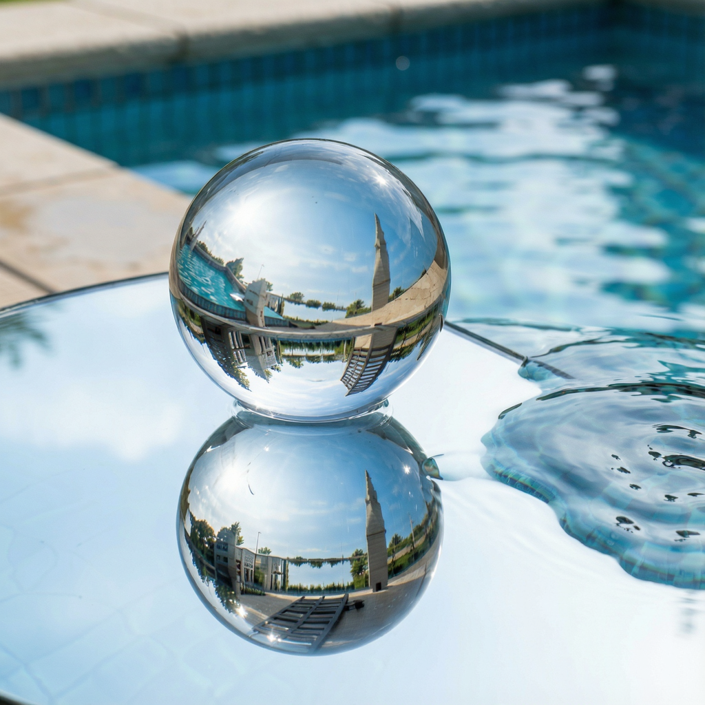A clear glass sphere sitting on a mirror surface near a pool