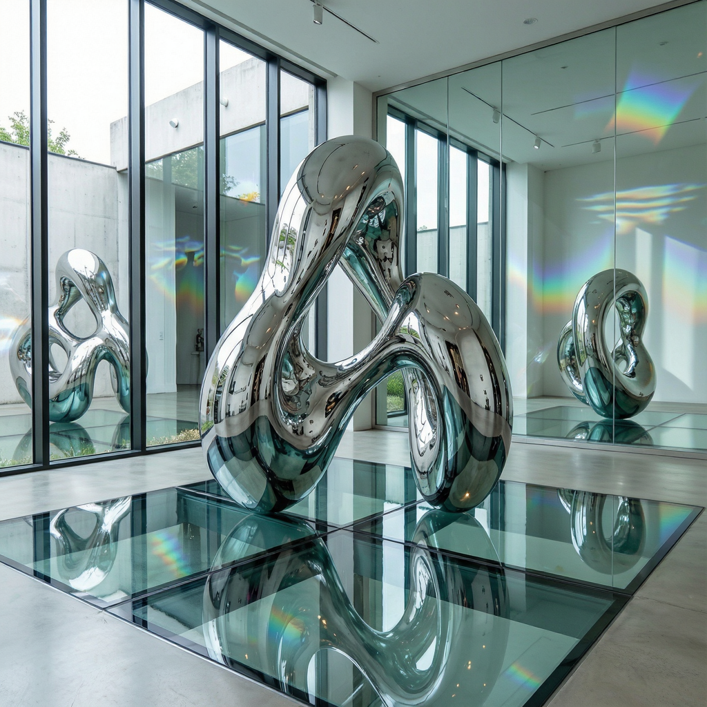 A chrome sculpture in a room with a glass floor and large wi