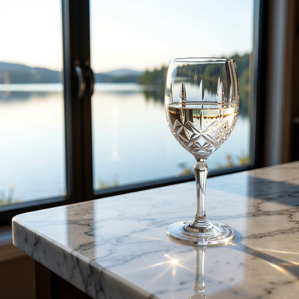 A crystal wine glass on a polished marble counter next to a 