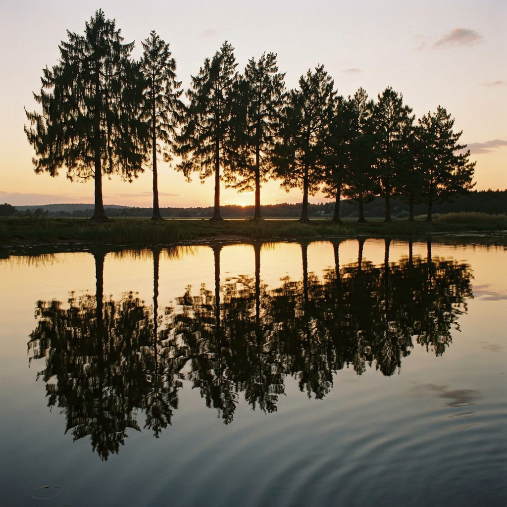A row of trees reflected in a calm lake at sunset, with the 