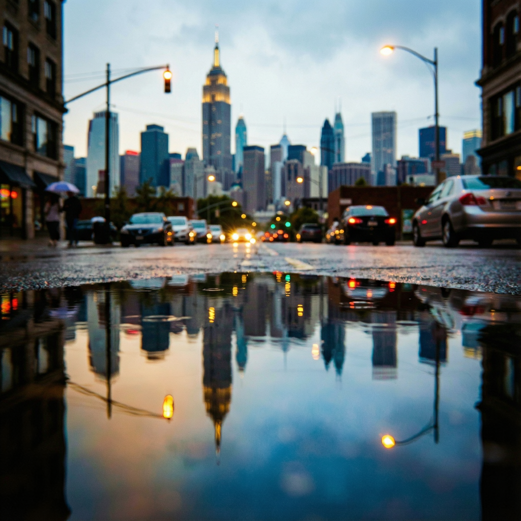 A city skyline reflected in a rain puddle on a street, with 