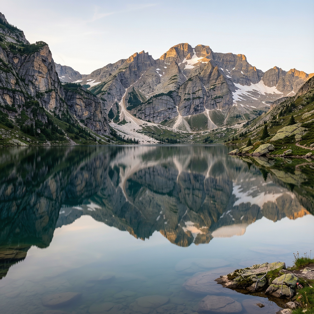 A mountain range reflected in a still alpine lake, with the 