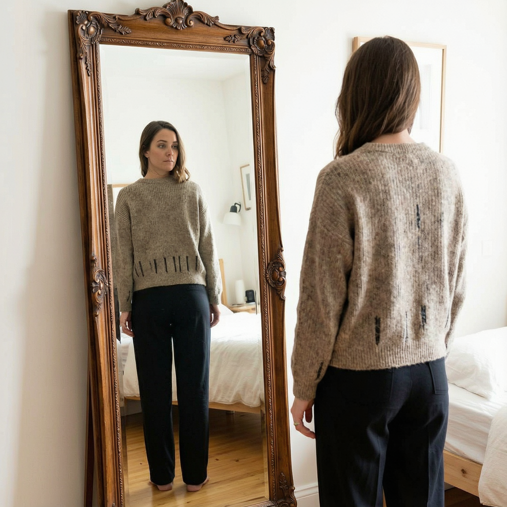 A woman standing in front of a full-length mirror, her refle