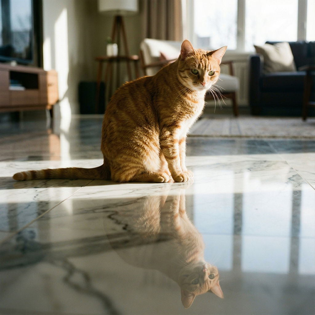 A cat sitting on a polished marble floor with its reflection
