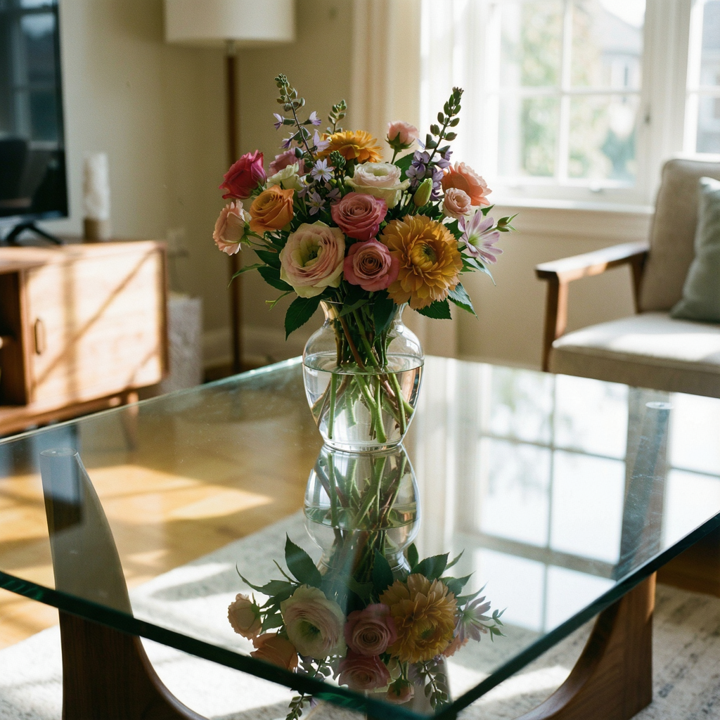 A vase of flowers on a glass table with a clear reflection v