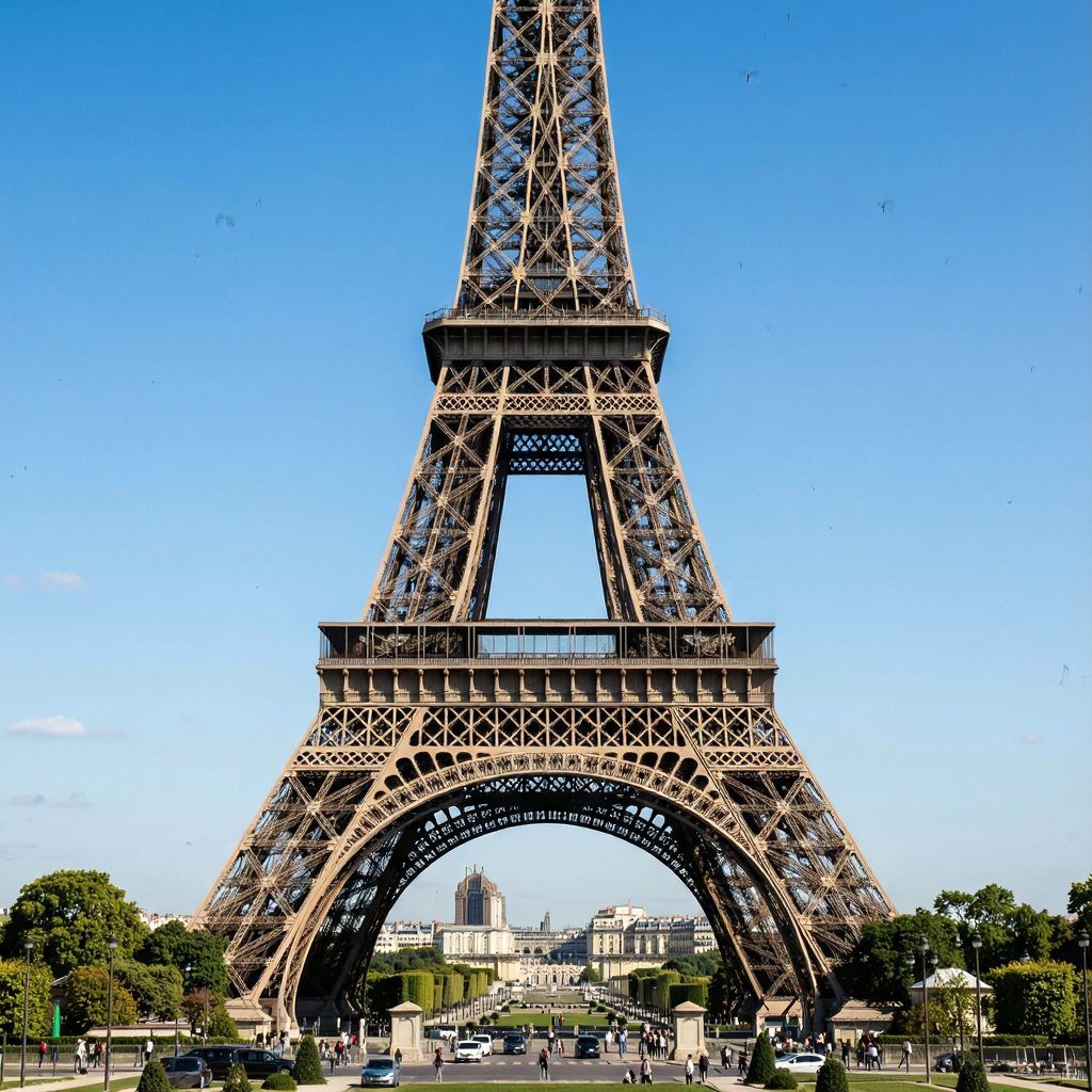 The Eiffel Tower in Paris on a clear day, architecturally ac