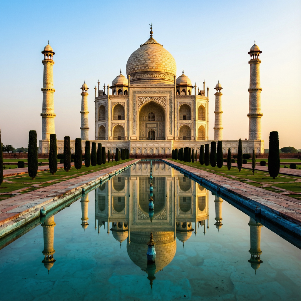 The Taj Mahal in Agra seen from the reflecting pool, with ac