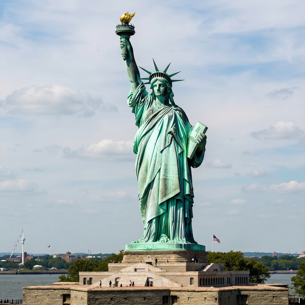 The Statue of Liberty on her island pedestal, with correct t