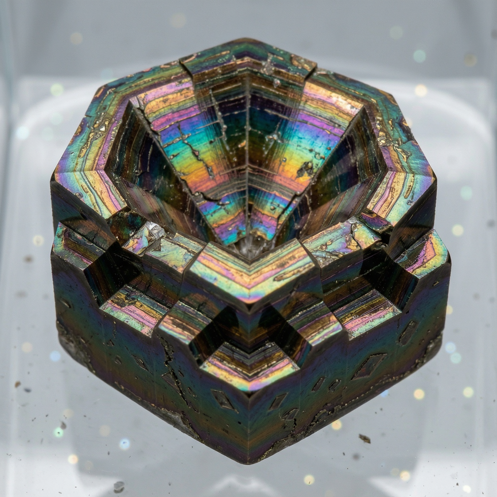 A specimen of bismuth crystal showing accurate iridescent ox