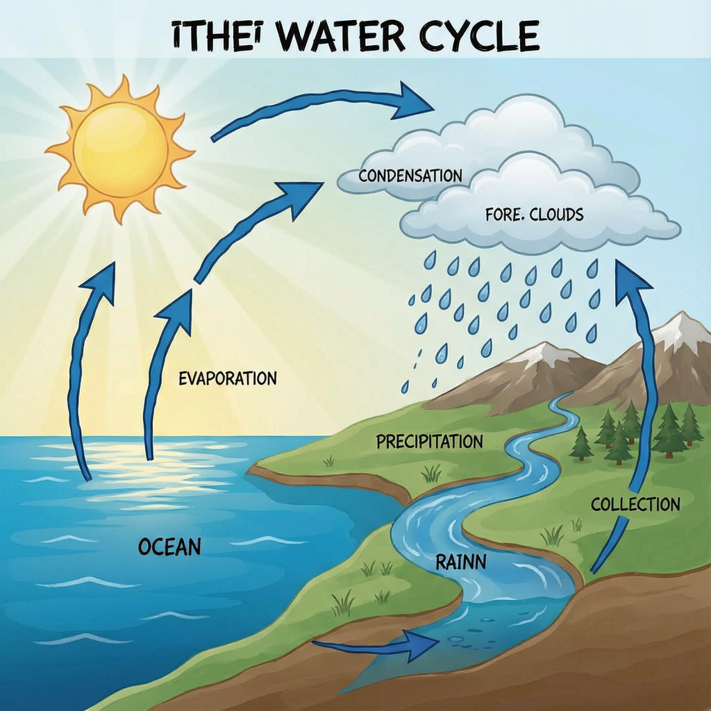 A detailed diagram of the water cycle showing evaporation fr