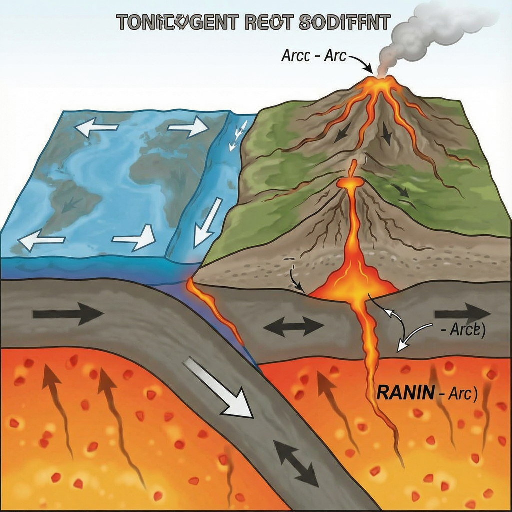 A cross-section showing tectonic plates at a convergent boun