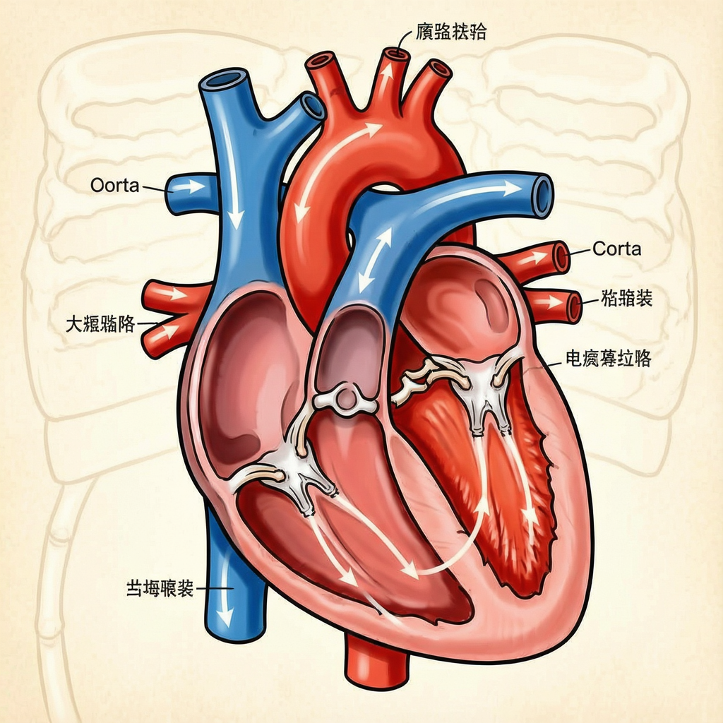An anatomical illustration of the human heart showing four c
