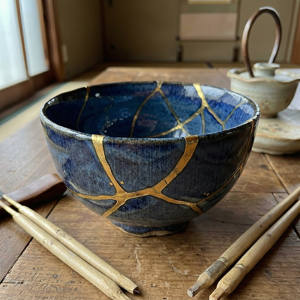 A Japanese kintsugi bowl — cracked ceramic repaired with vis