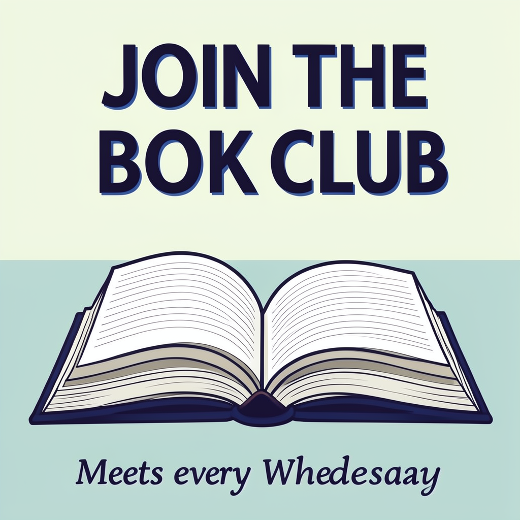 A book club poster with an open book illustration, the title