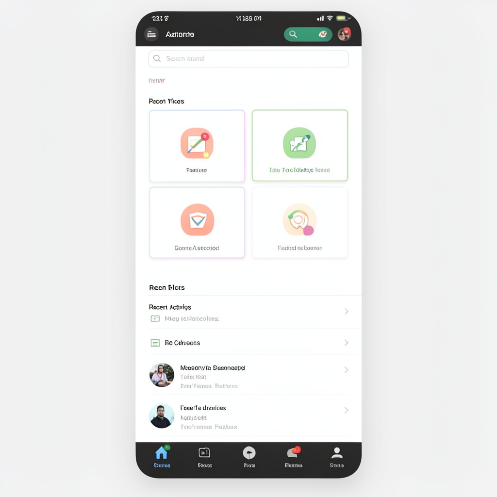 A mobile app UI mockup showing a dashboard with a top naviga