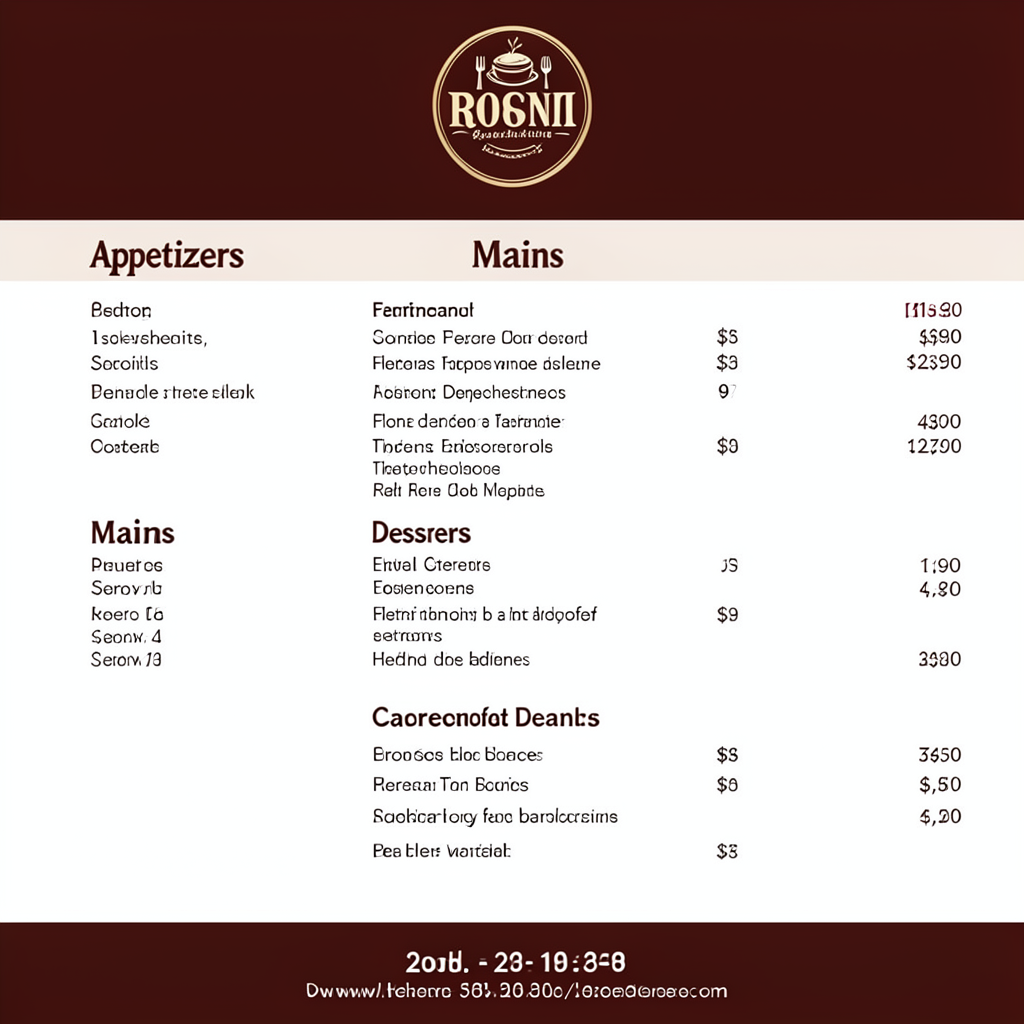 A restaurant menu layout with a logo header, three category 