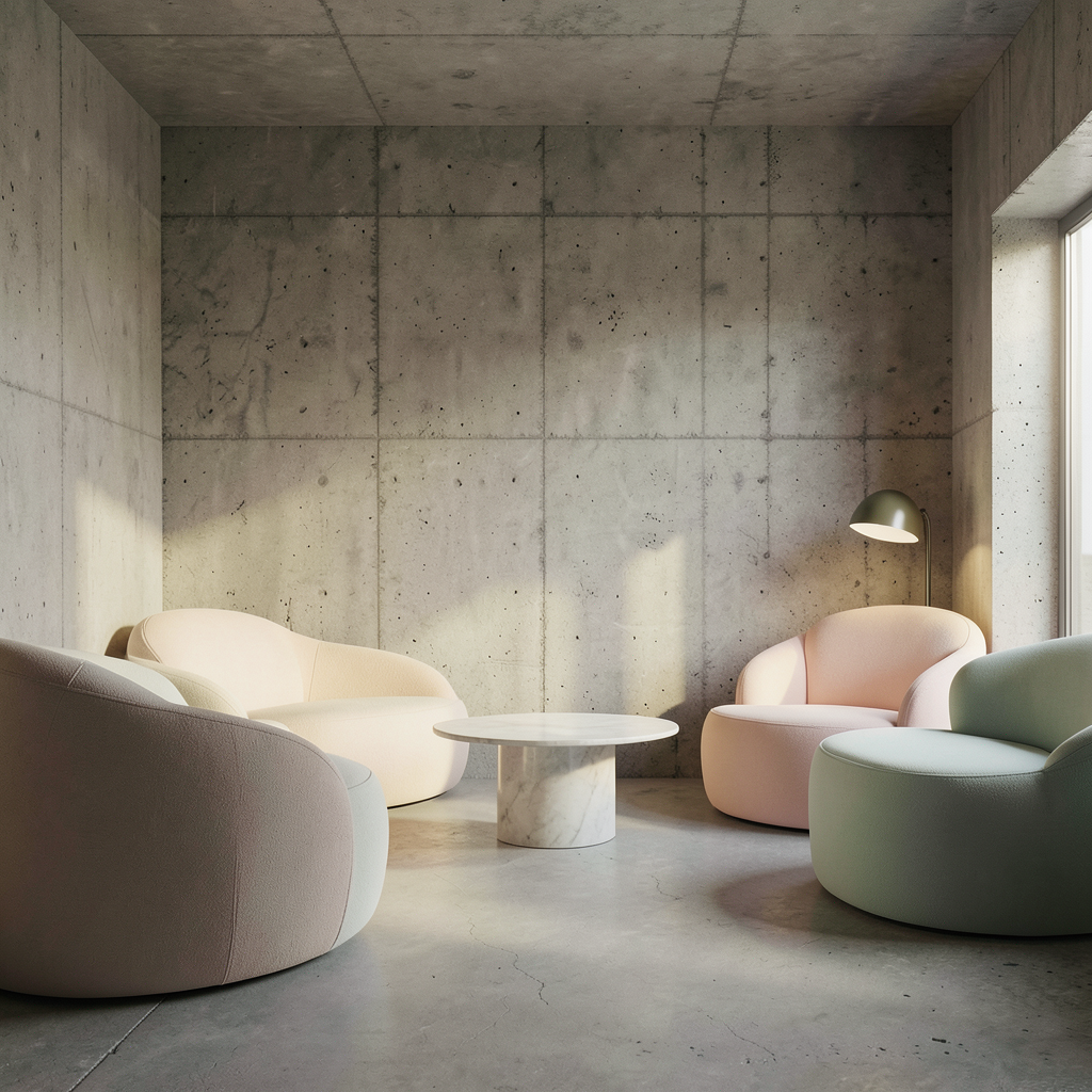 An interior scene rendered in soft brutalism — raw concrete 