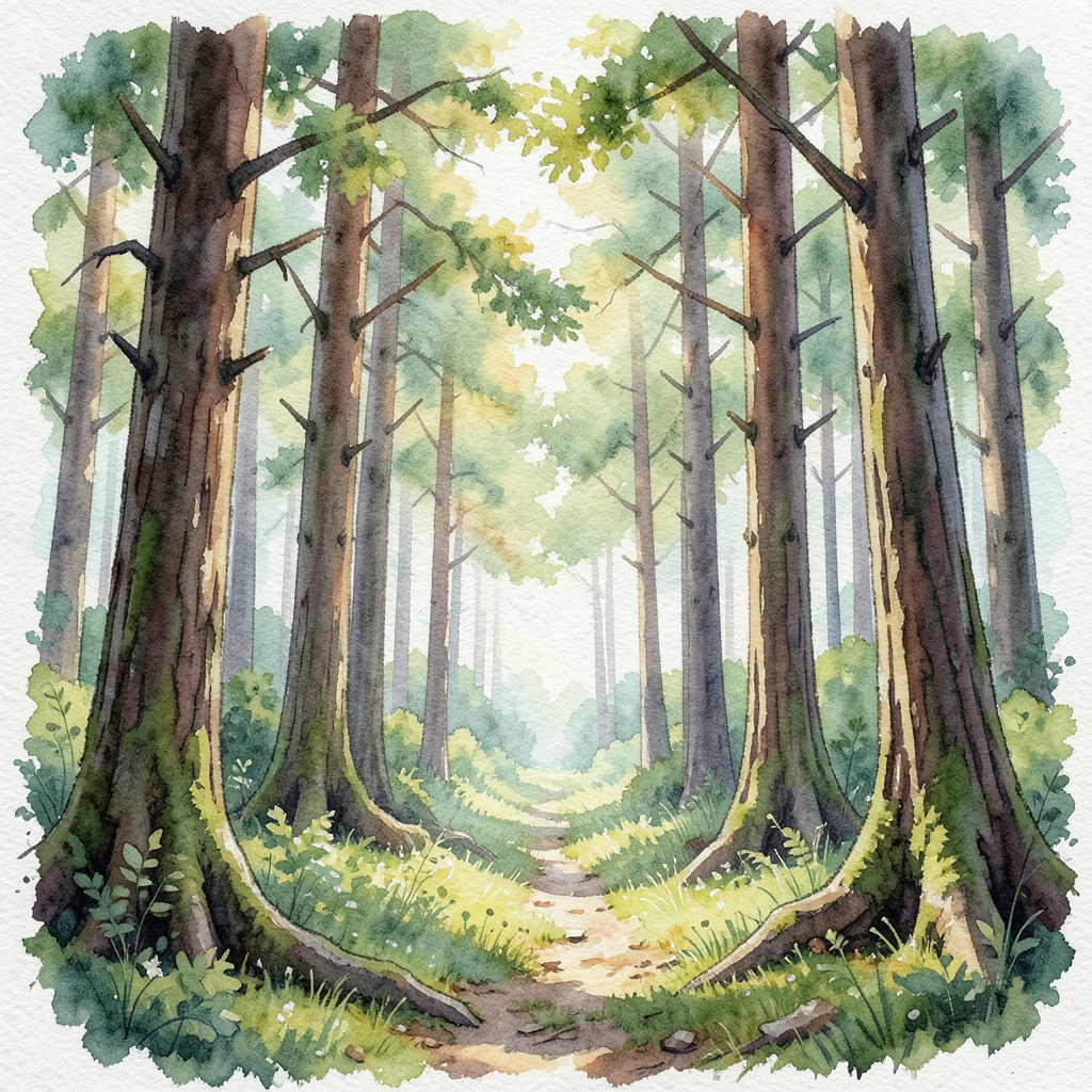 A forest rendered in photorealistic watercolor — the detail 