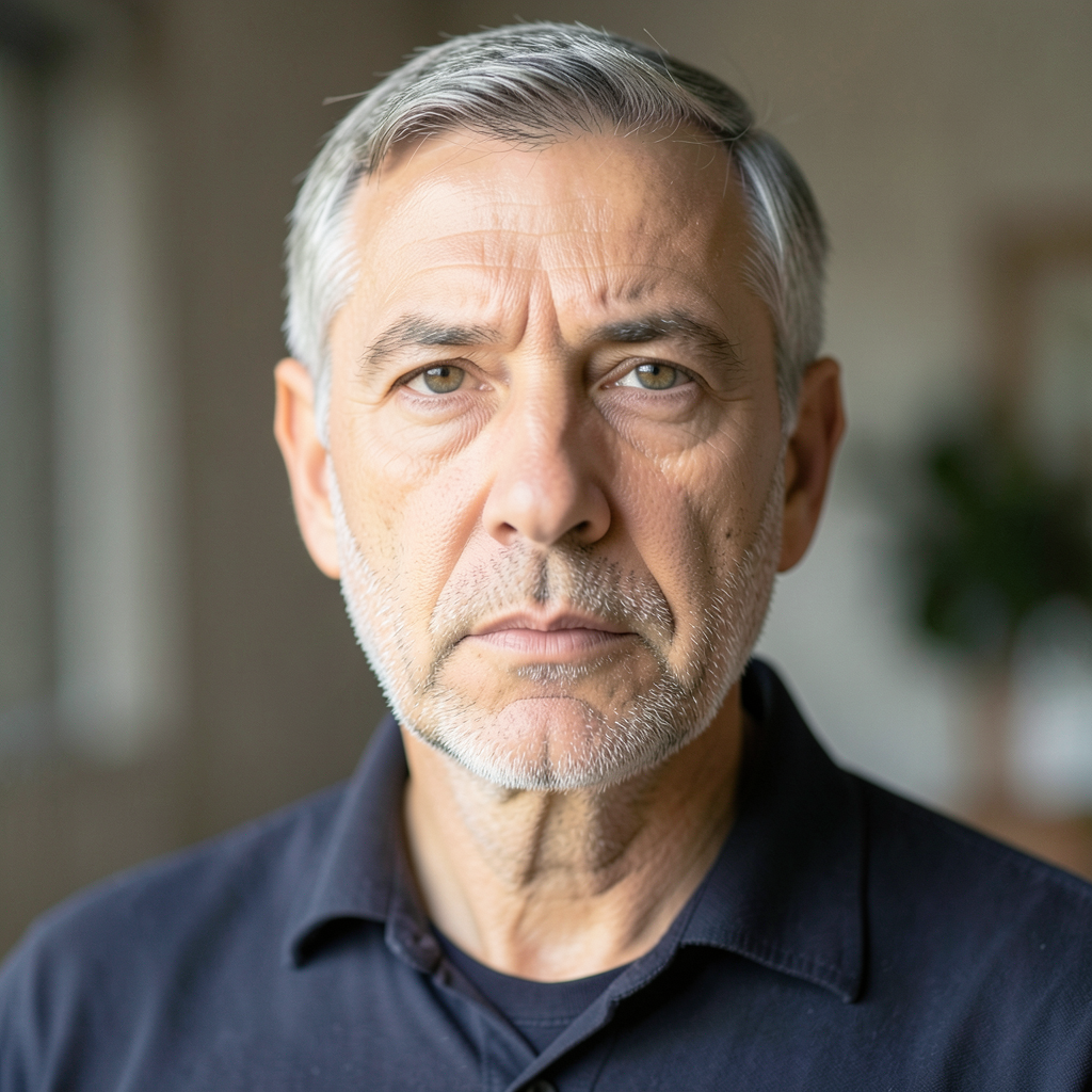 A portrait of a middle-aged man with a calm, serious express