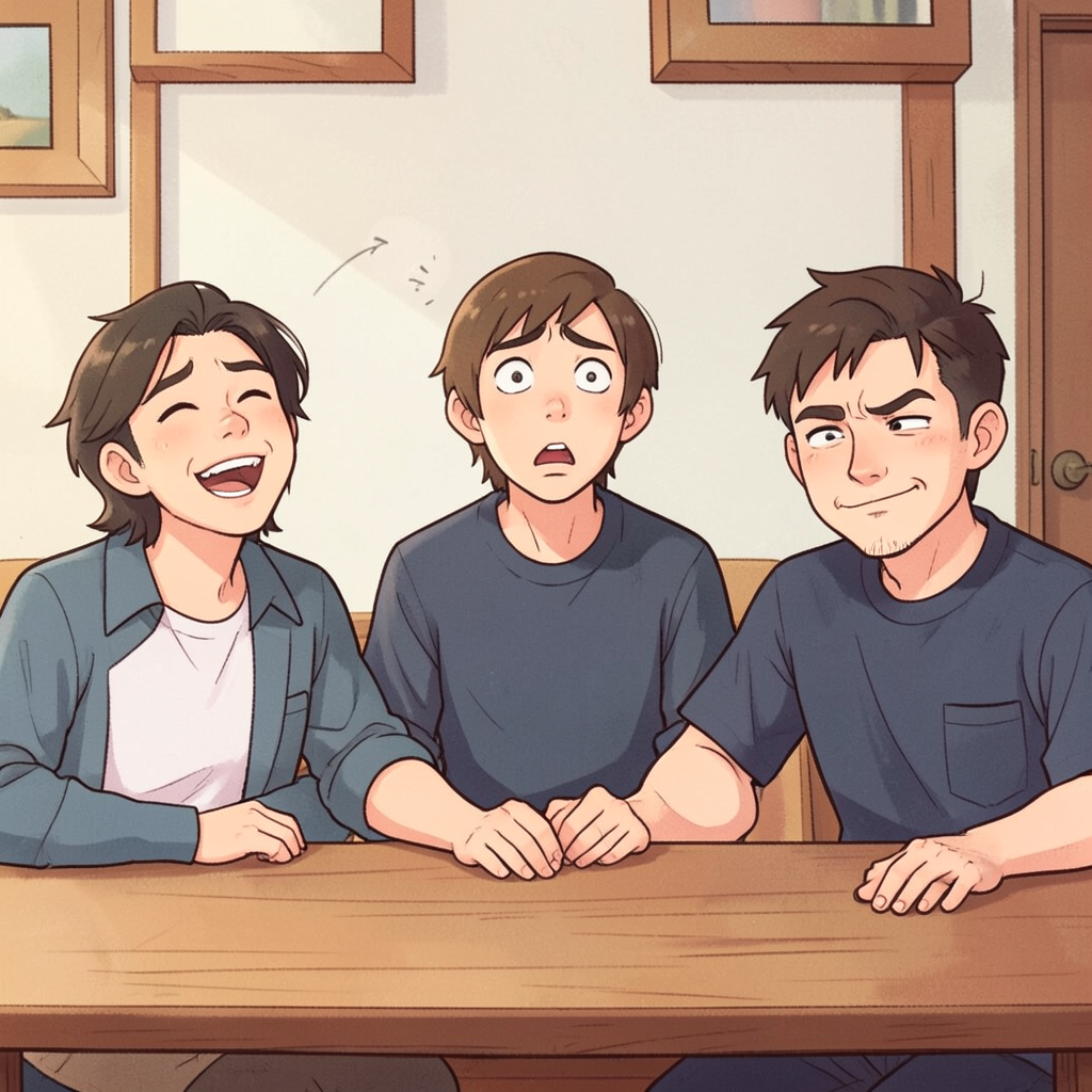 A group of three friends at a table: one laughing with head 