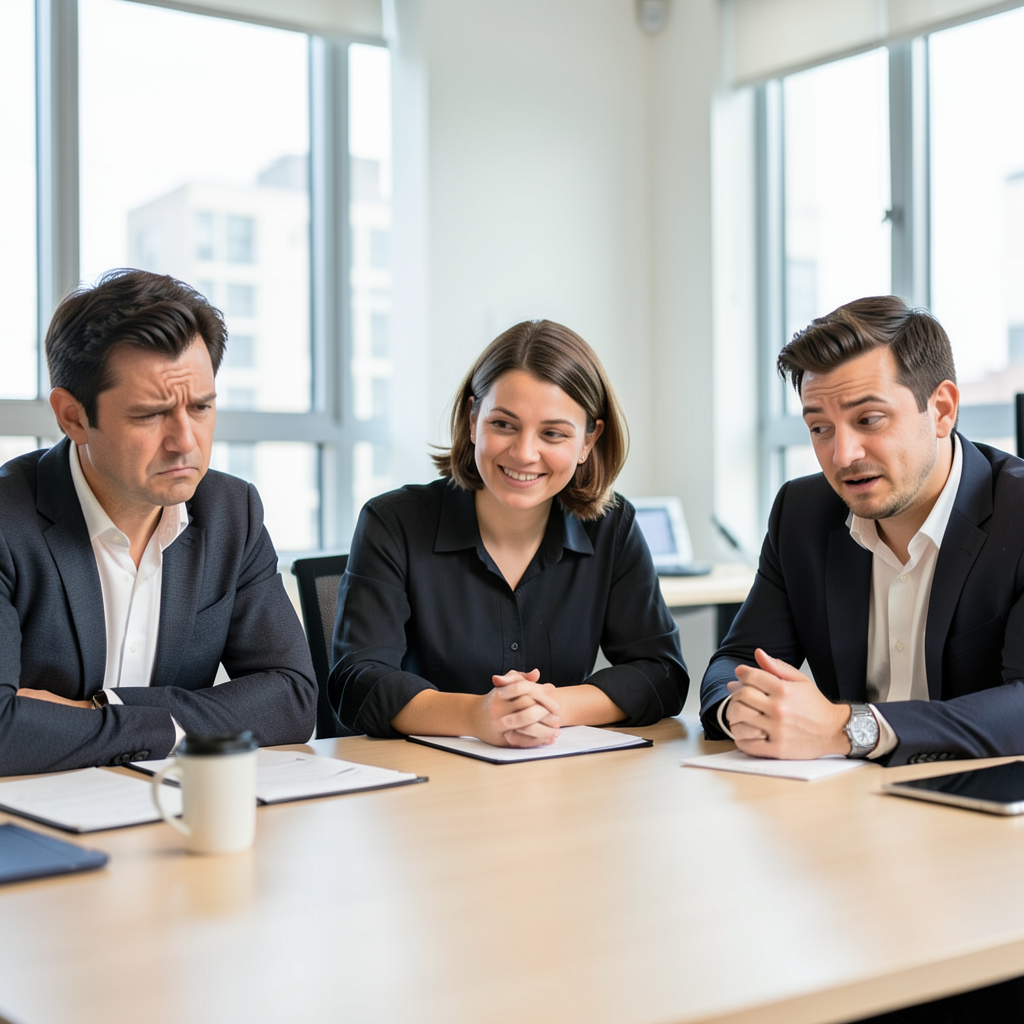 Three coworkers in a meeting: one looking frustrated with fu