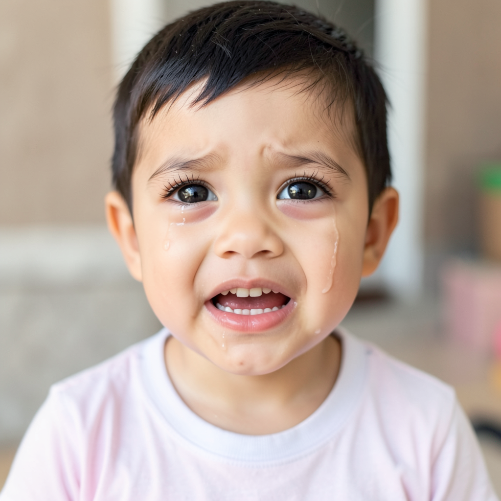 A 5-year-old child with round cheeks and large eyes, crying 