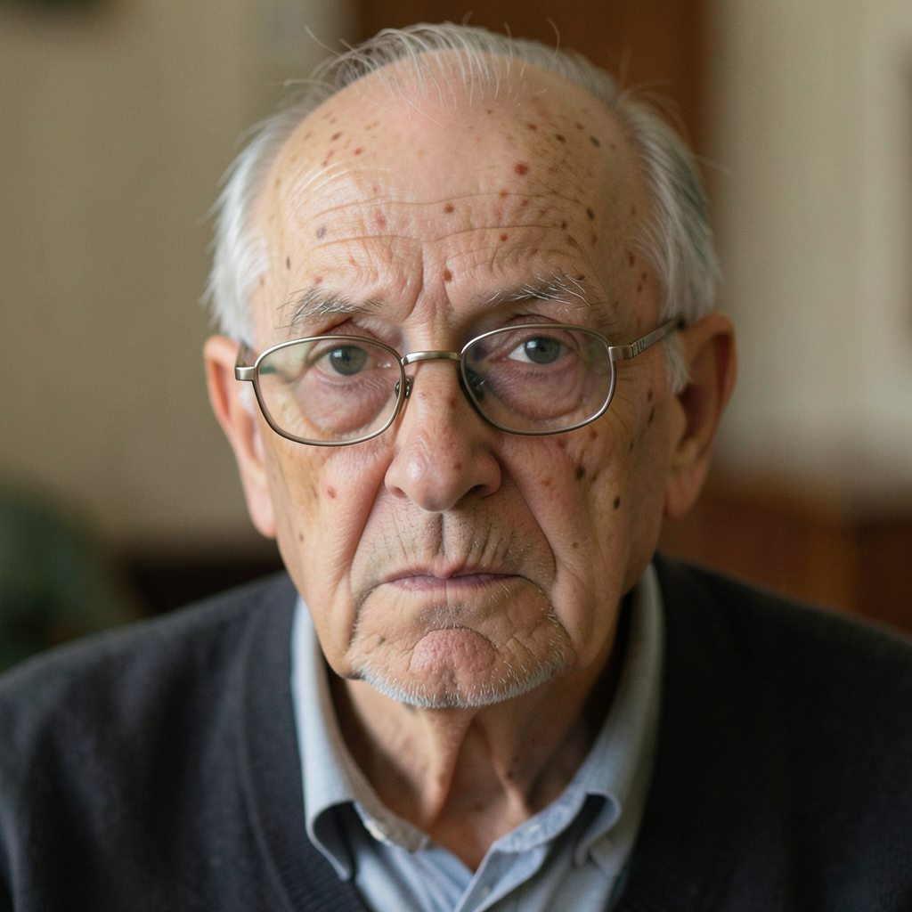 An elderly man in his 70s with age spots and thinning gray h