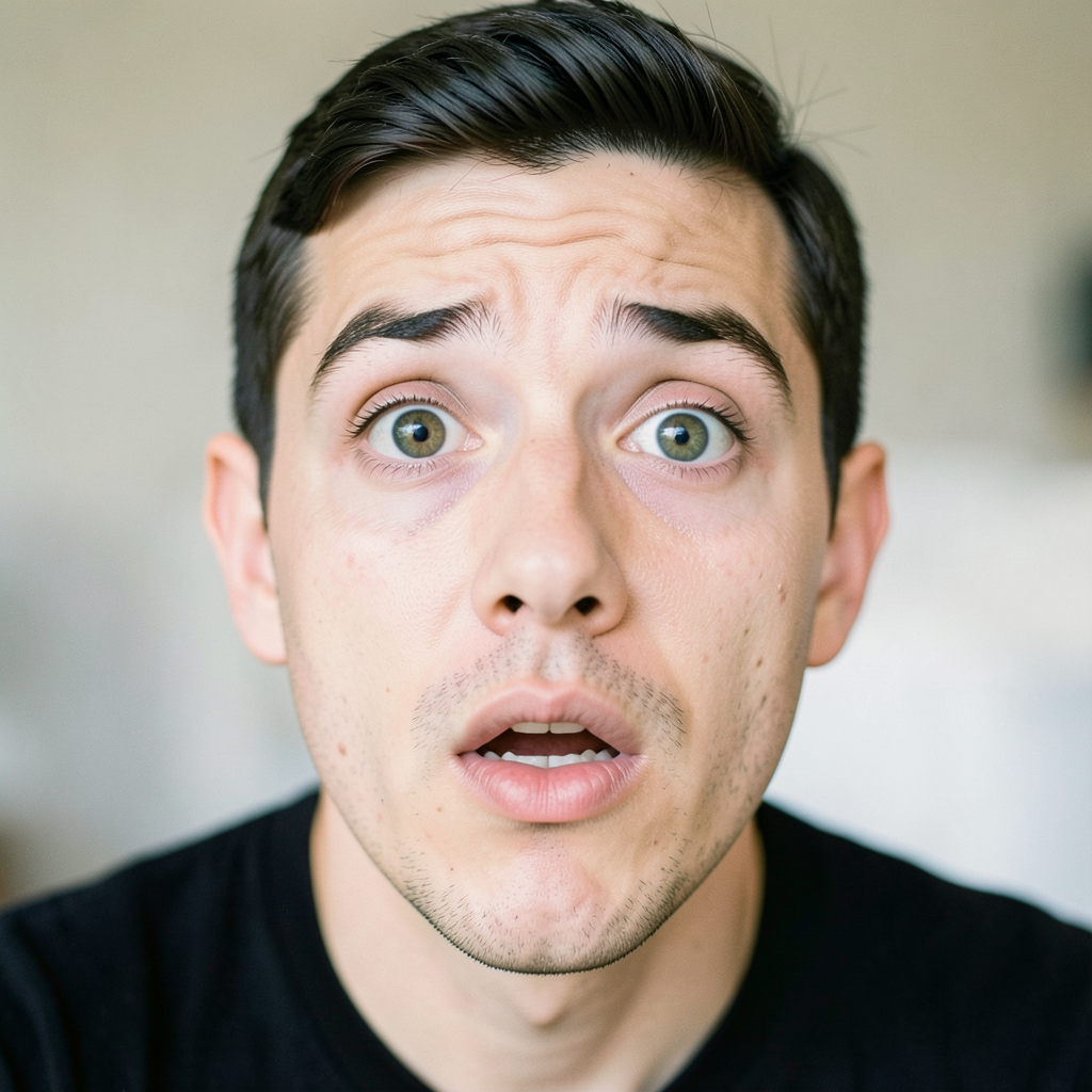 A portrait capturing genuine surprise — raised eyebrows, wid