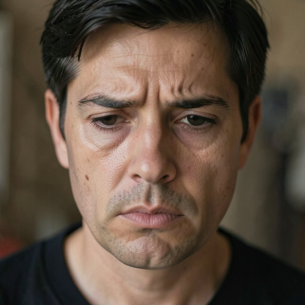 A face showing quiet melancholy — downcast eyes, slightly dr