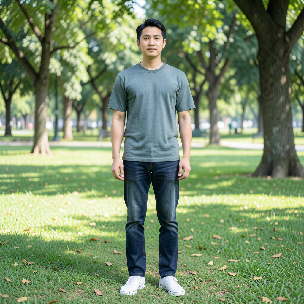A person standing in a neutral pose in a park, full body vis