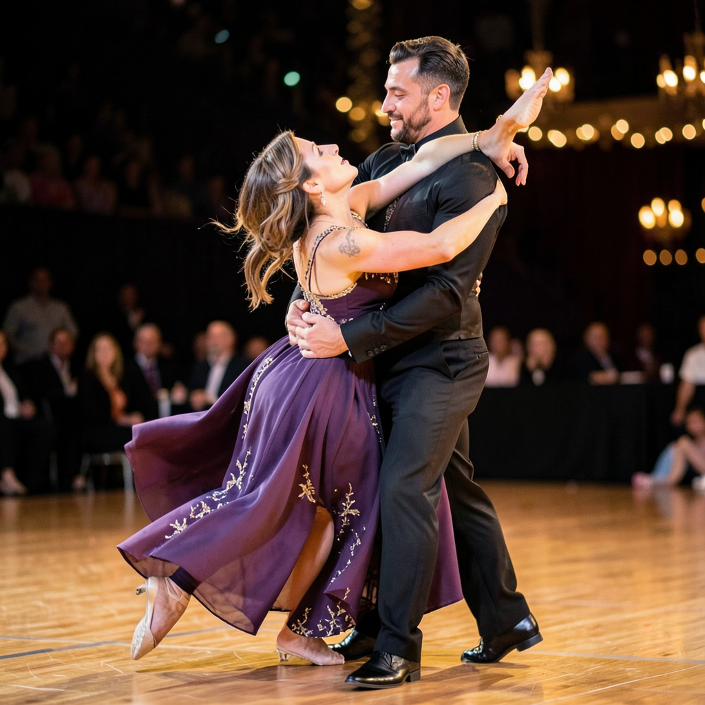 Two tango dancers in a close embrace, the man dipping the wo