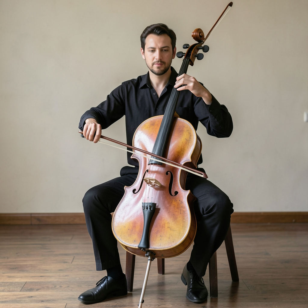A cellist seated with correct posture, legs around the instr
