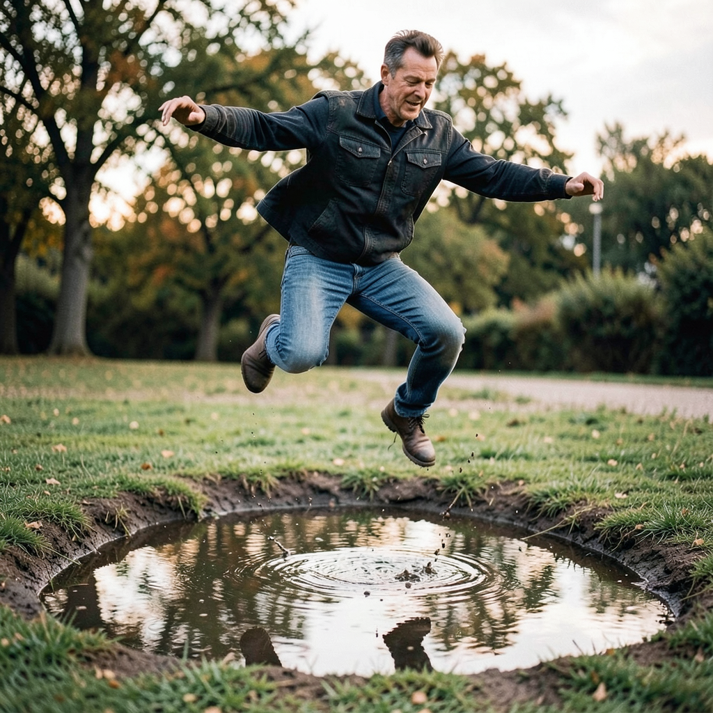 A man captured mid-jump over a puddle, body in the air with 