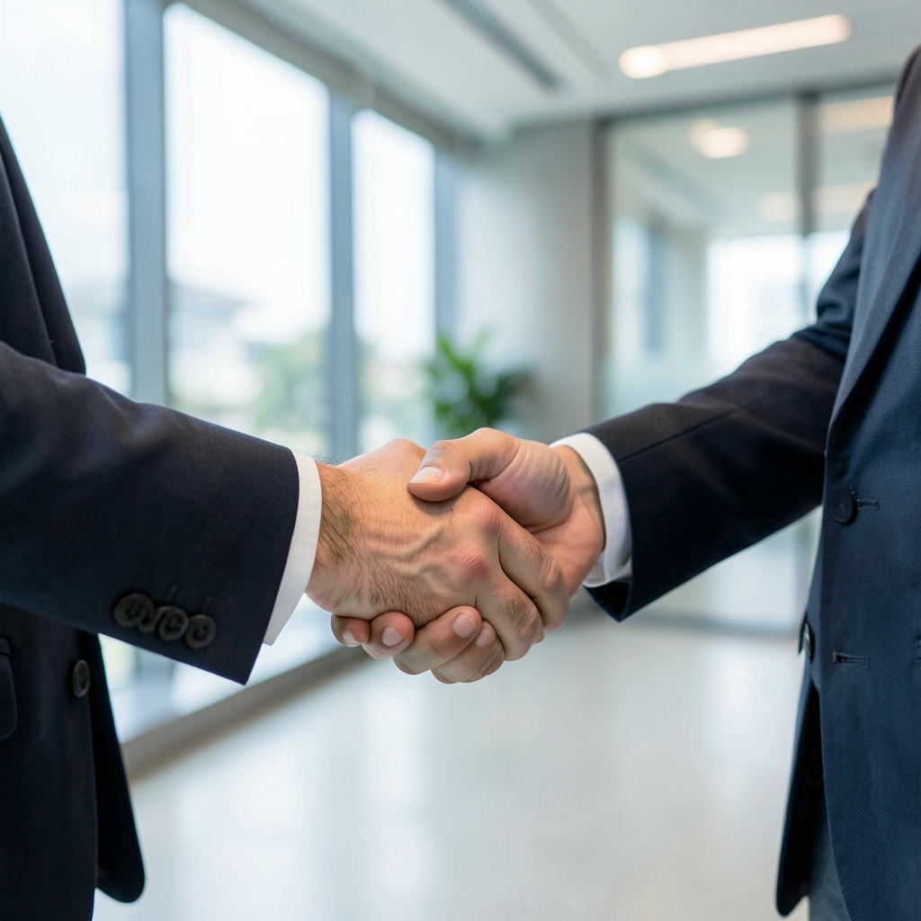 Two people shaking hands in a professional setting, all fing