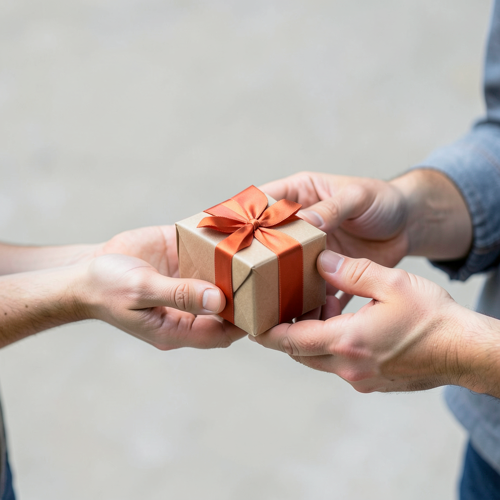 One person handing a small gift box to another person, both 