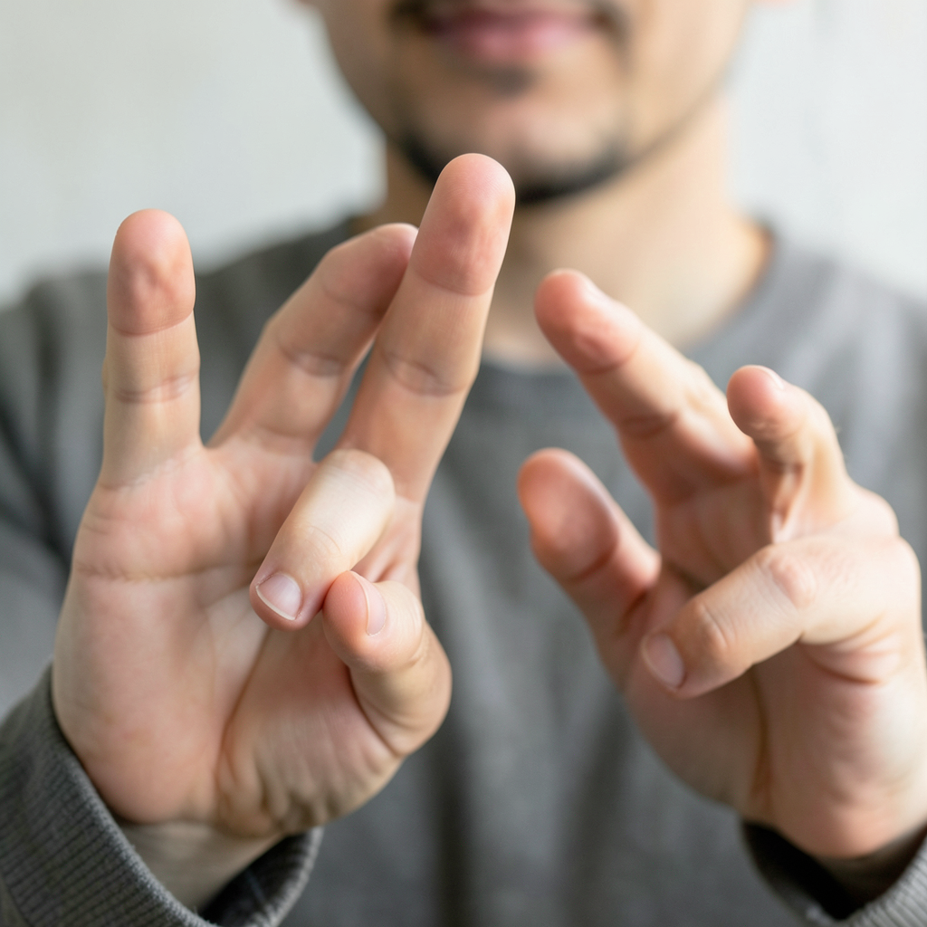 A person counting to three on their fingers, with index, mid