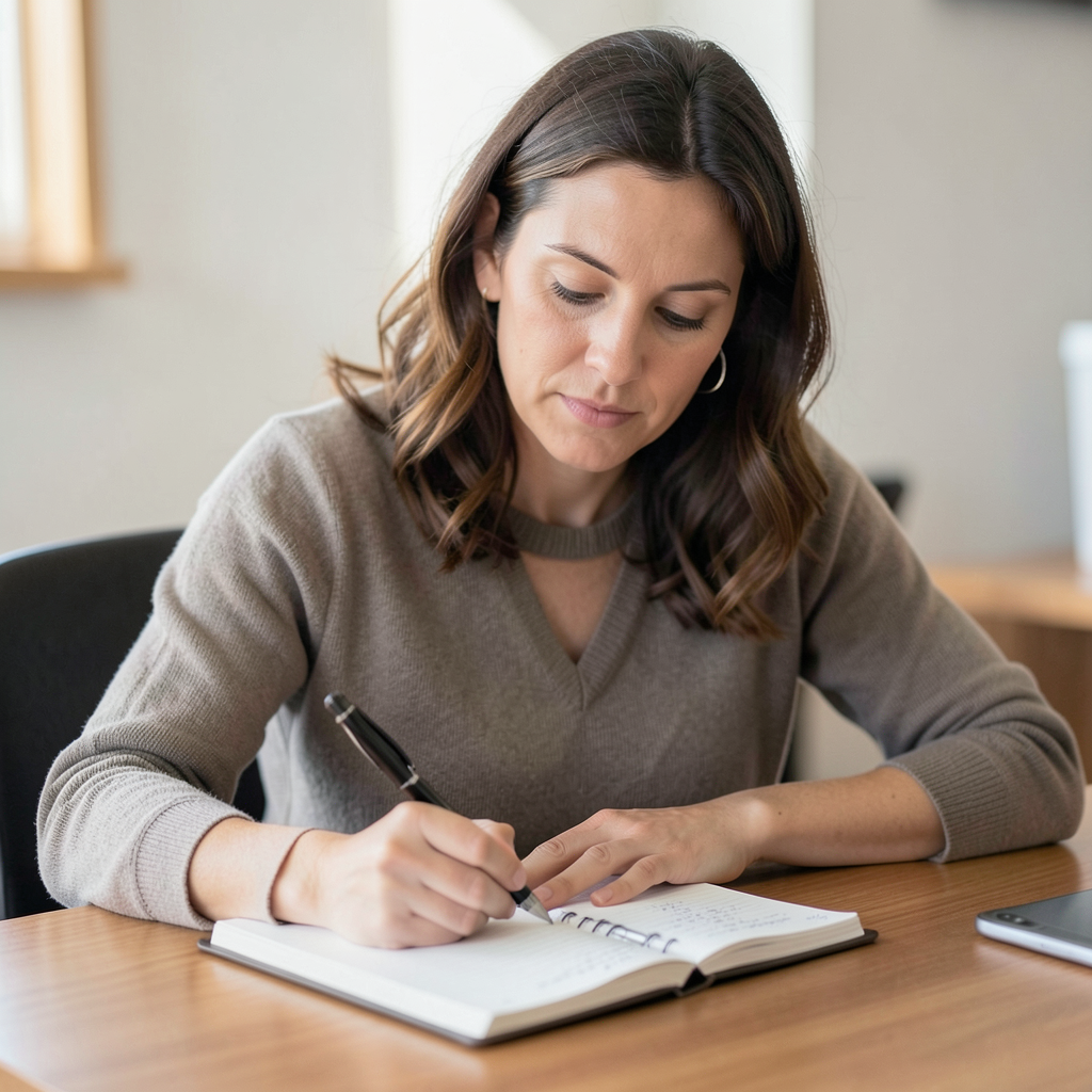 A woman writing in a notebook with a pen gripped correctly i