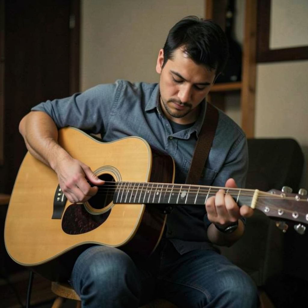 A person playing an acoustic guitar with left hand on the fr